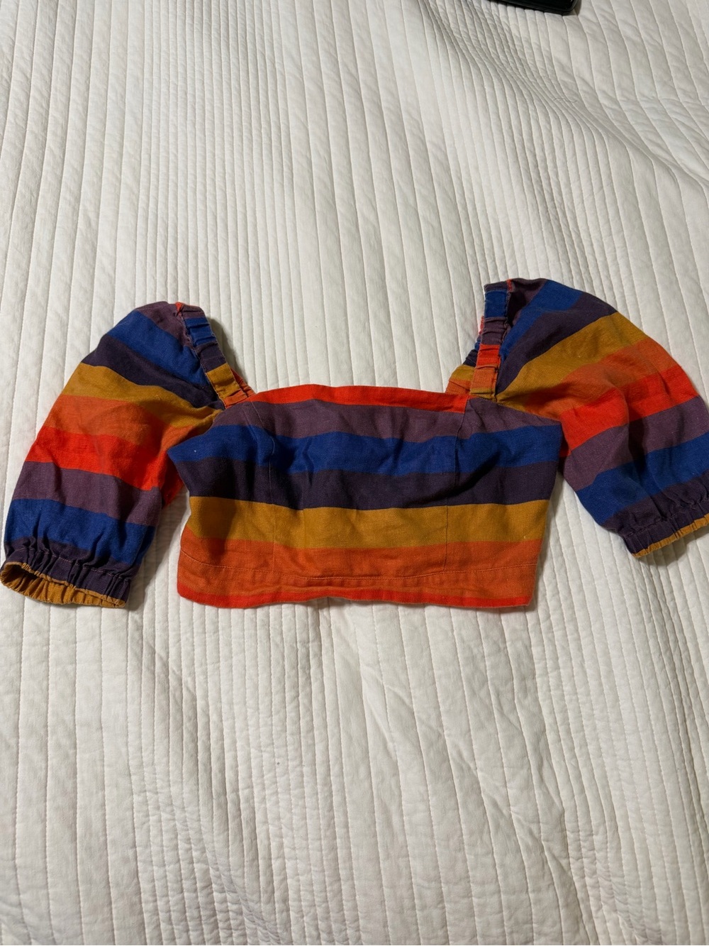 FARM Rio 100% Linen Rainbow Stripe Puff Sleeve Smocked Crop Top Small